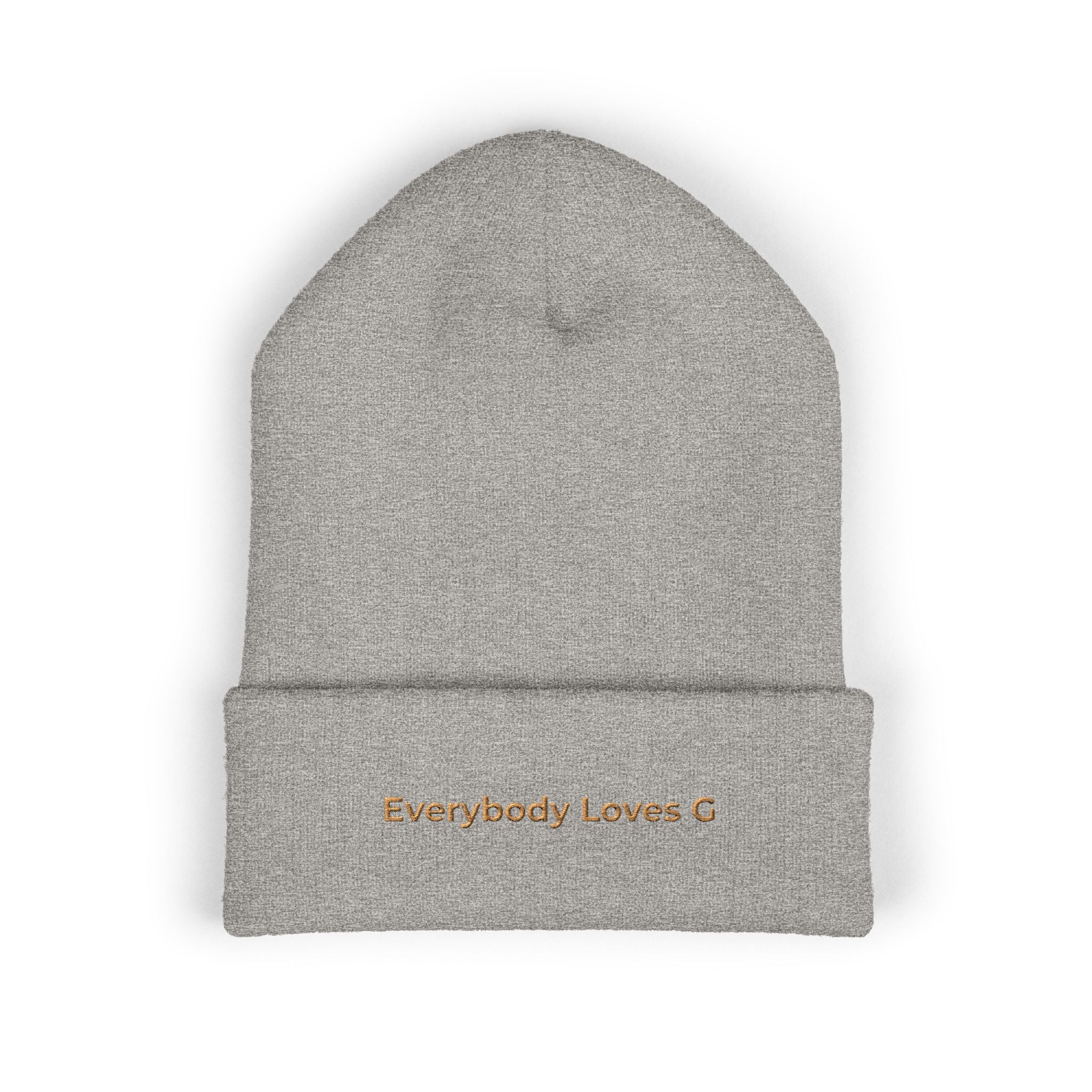 Gray beanie with 'Everybody Loves G' text on a white background