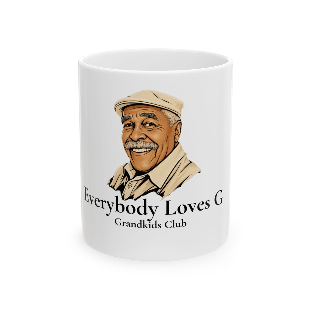 White ceramic mug with illustrated portrait of Grandpa G and Everybody Loves G Grandkids Club text design