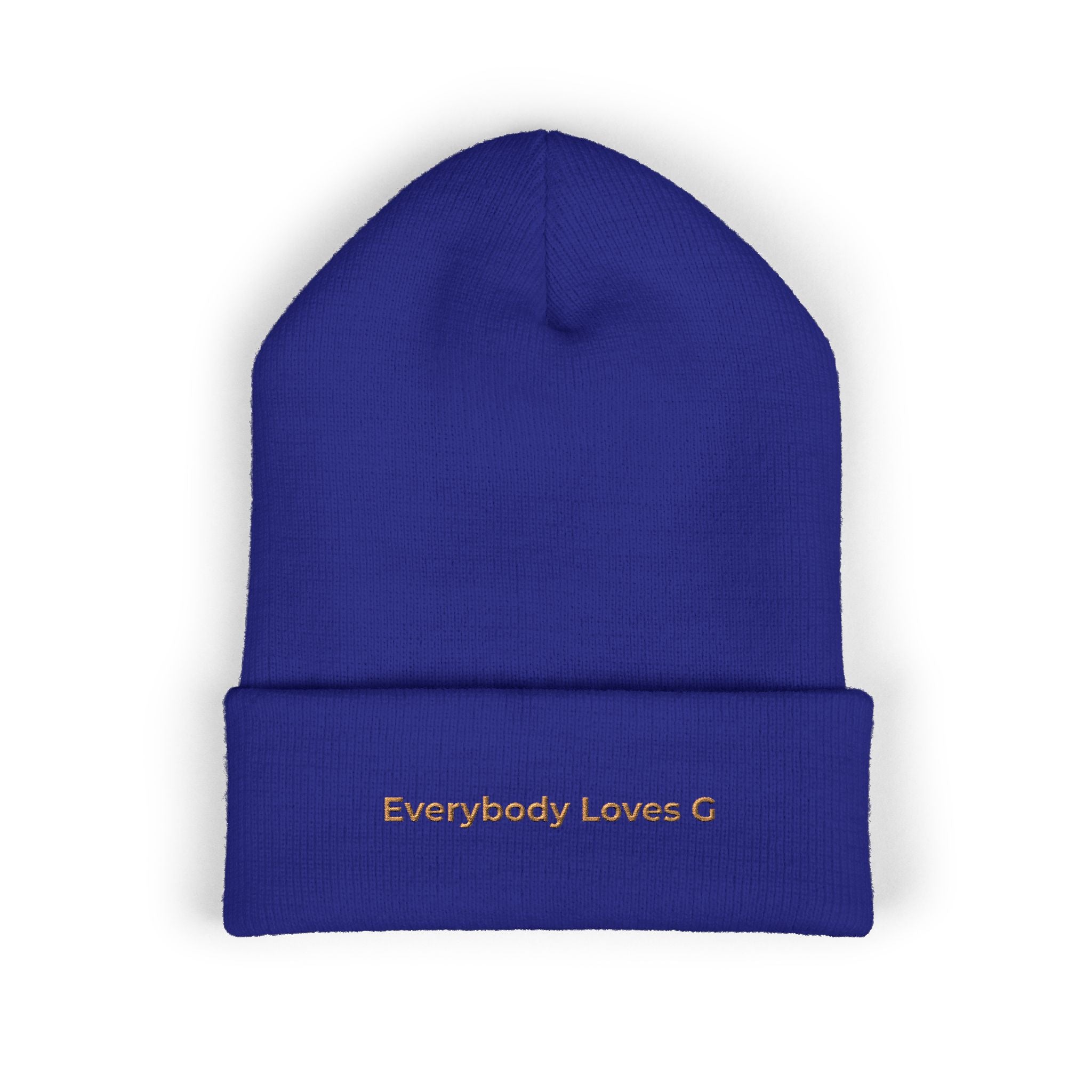 Blue embroidered beanie with “Everybody Loves G” text on front on white background