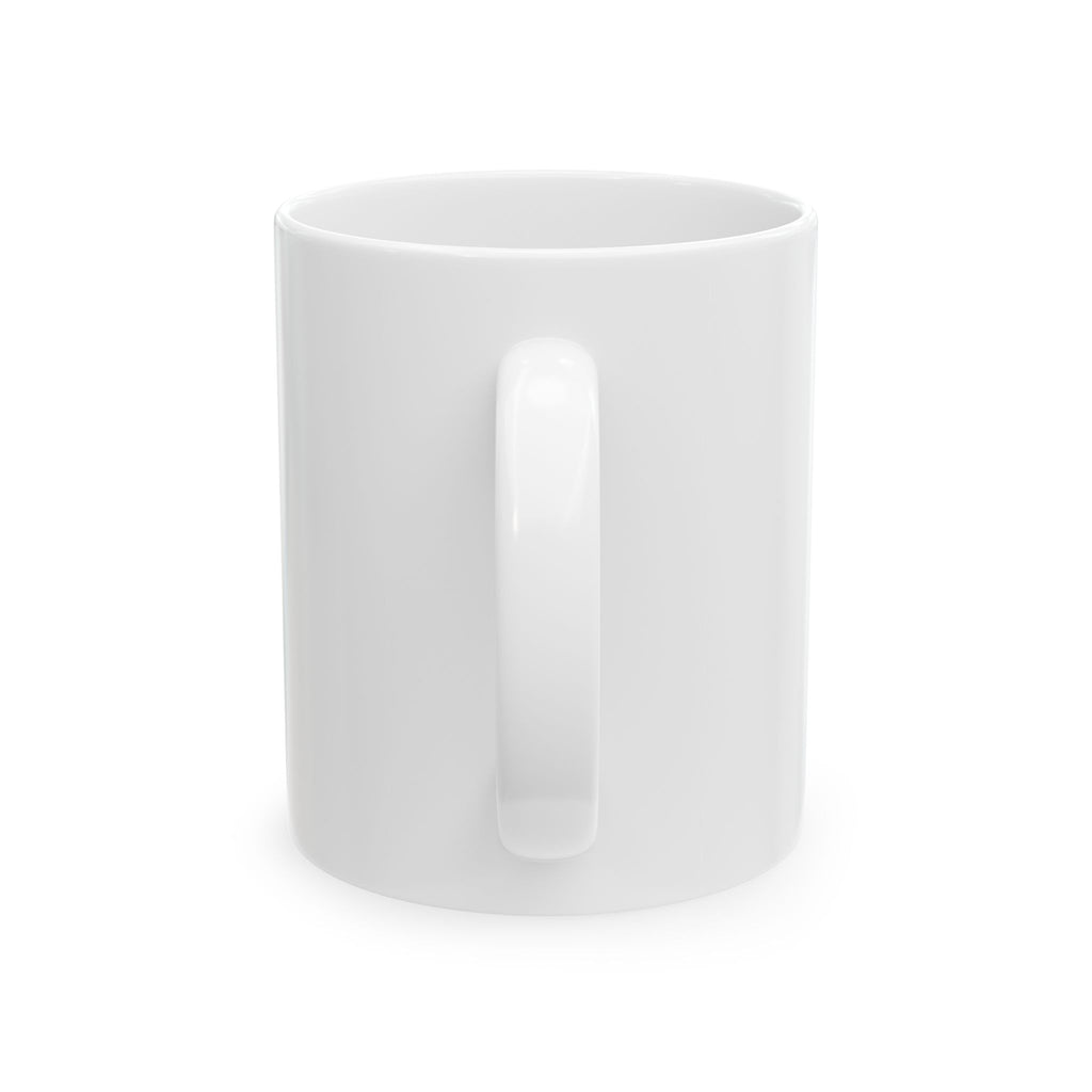 Side view of white ceramic mug with handle on a minimal white background