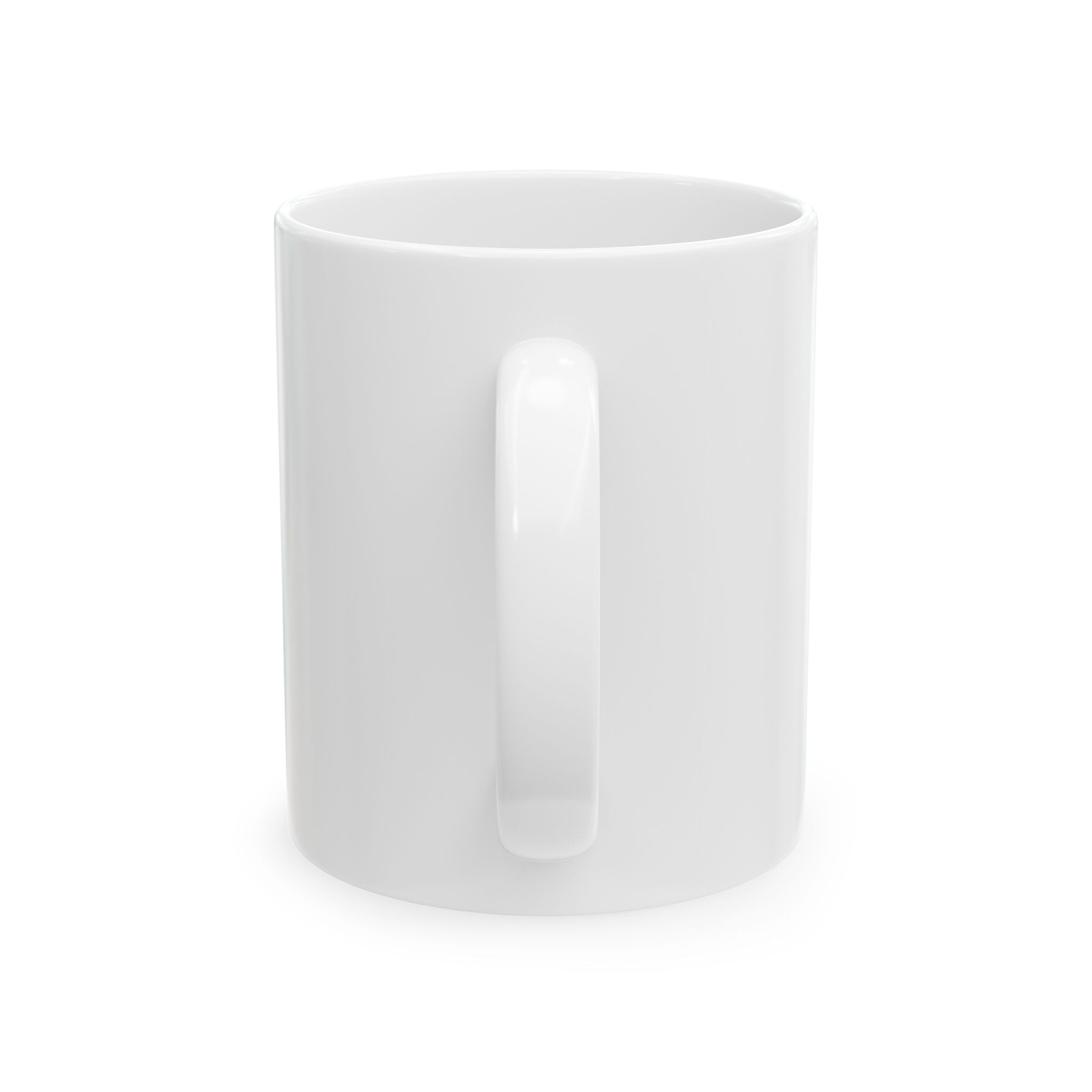 Side view of white ceramic mug with handle on a minimal white background