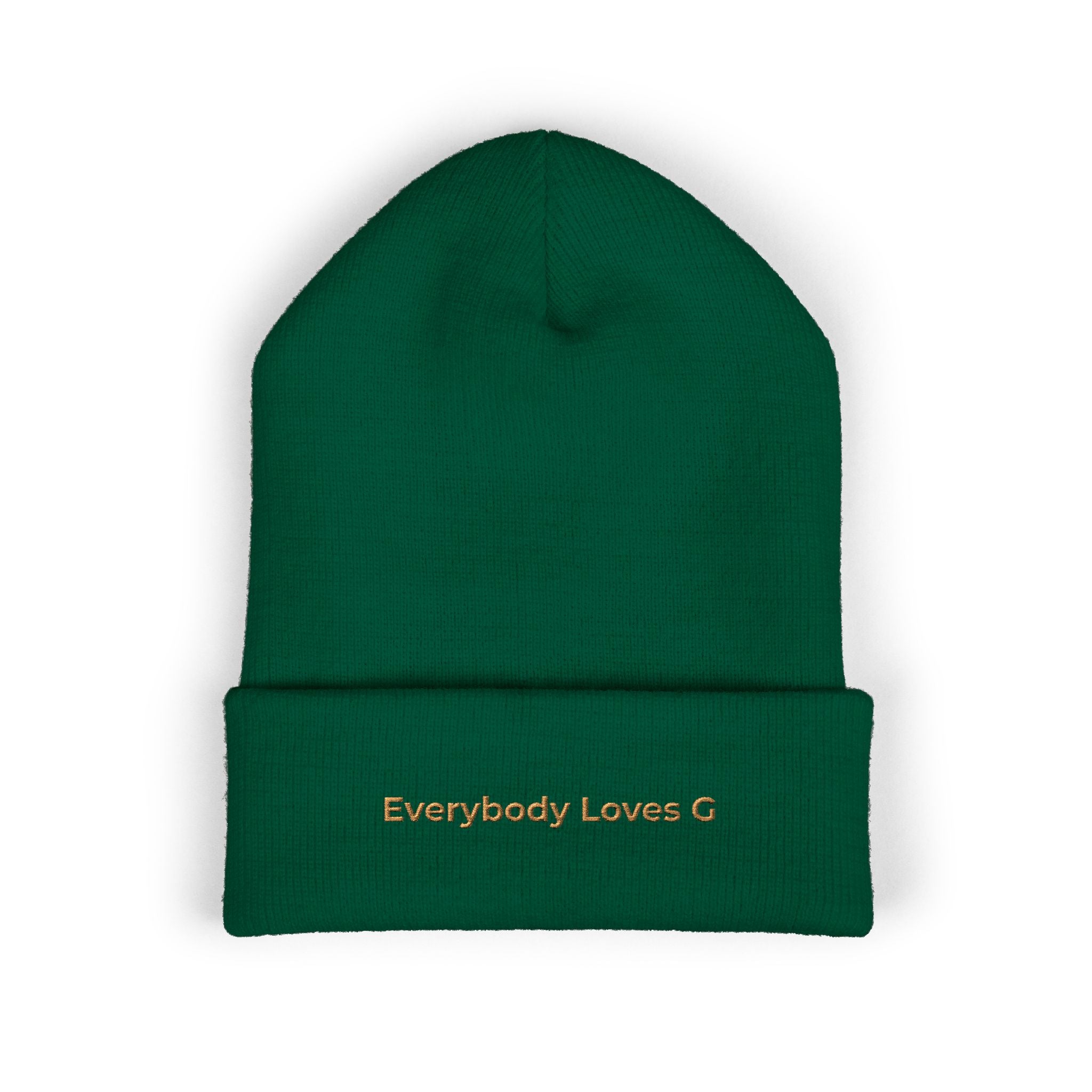 Forest green embroidered beanie with “Everybody Loves G” text on front on white background